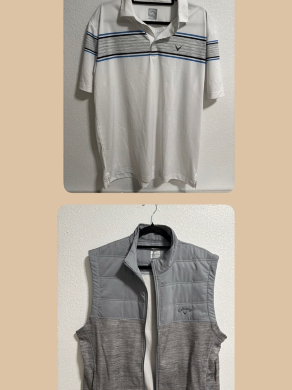 Callaway White Polo with Blue & Gray Stripe + Gray Quilted Vest